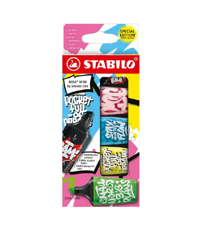 Pack de 5 mini fluo Stabilo boss par Snooze one chez librairie copie sousse